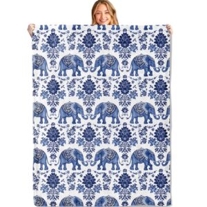 miepos blue elephant throw blanket,50x60in,soft,lightweight flannel,floral flower boho blankets - gifts for kids & animal lovers,for couch office travel,home living room bohemian and indian decor