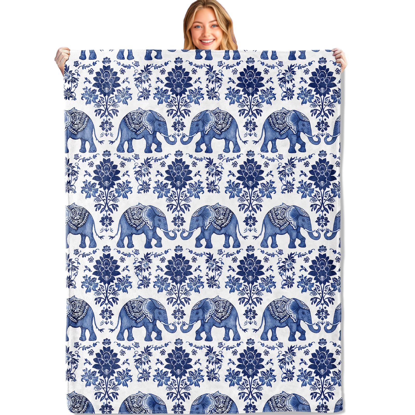 MIEPOS Blue Elephant Throw Blanket,50x60in,Soft,Lightweight Flannel,Floral Flower Boho Blankets - Gifts for Kids & Animal Lovers,for Couch Office Travel,Home Living Room Bohemian and Indian Decor