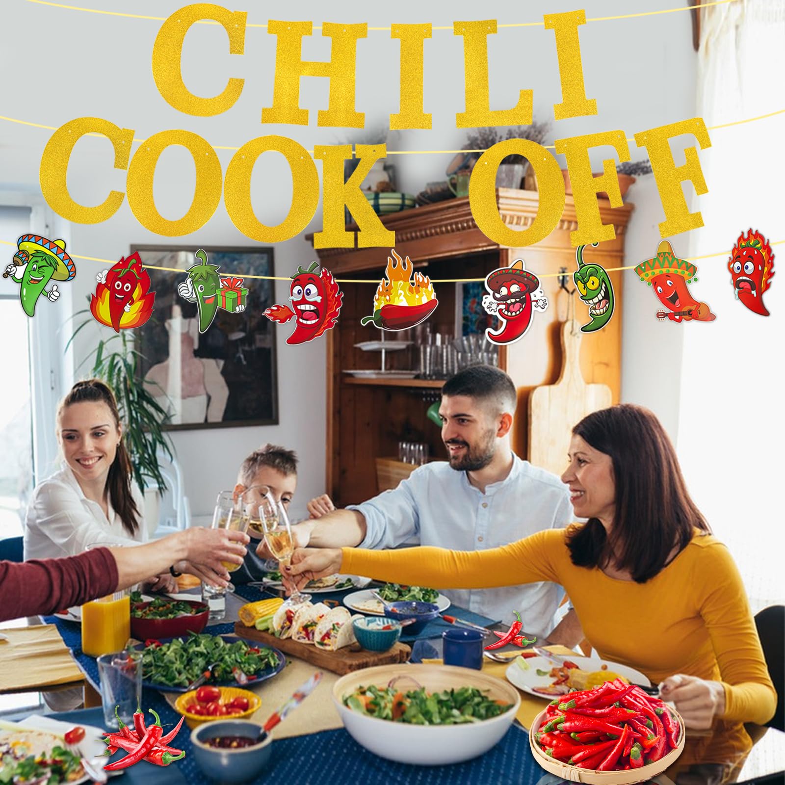 Shiny Chili Cook Off Banner Set - Pre-Assembled Chili Contest Pennants with Chili Pattern Flag and Accessories - Red Hot Chili Cooking Decor Banners - Perfect Chili Cook-Off Party Deco and Chili Decoration Banner Supplies (2 Pcs