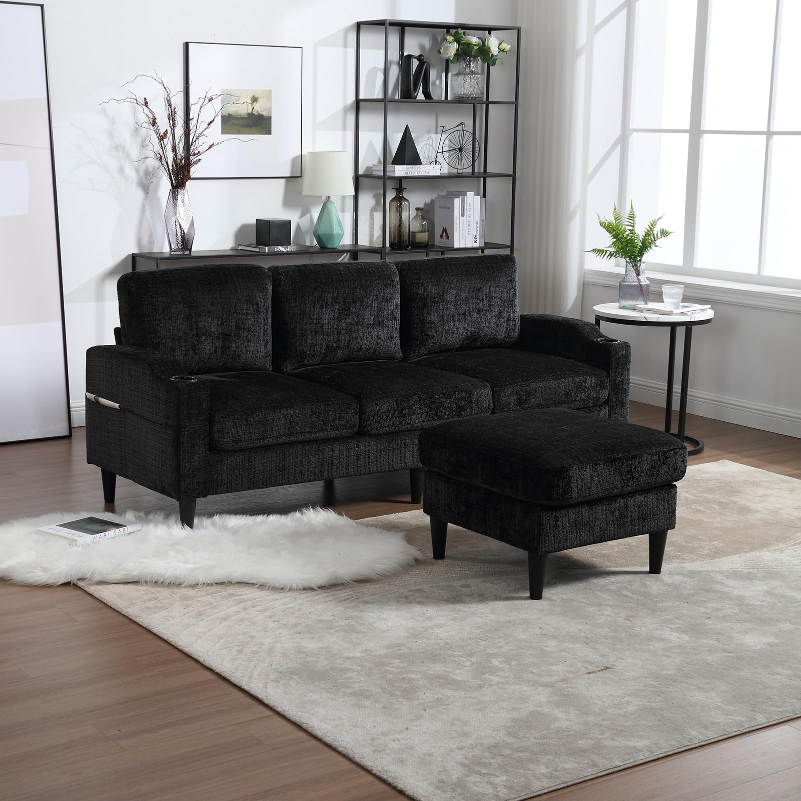 Sectional Sofa Couch with Ottoman, Chenille 3-Seat Sofa with Cup Holders, Upholstered L Shaped Couches with Storage Ottoman and Pocket, Comfy Furniture for Living Room, Small Apartment, Office, Black