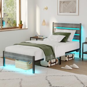 PUNICE Twin Size Bed Frame with Charging Station, LED Light Metal Bed Frame with Wooden Headboard, No Box Spring Required, No Noise, Easy Assembly, Light Grey