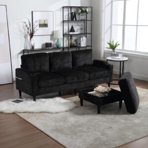 sectional sofa couch with ottoman, chenille 3-seat sofa with cup holders, upholstered l shaped couches with storage ottoman and pocket, comfy furniture for living room, small apartment, office, black