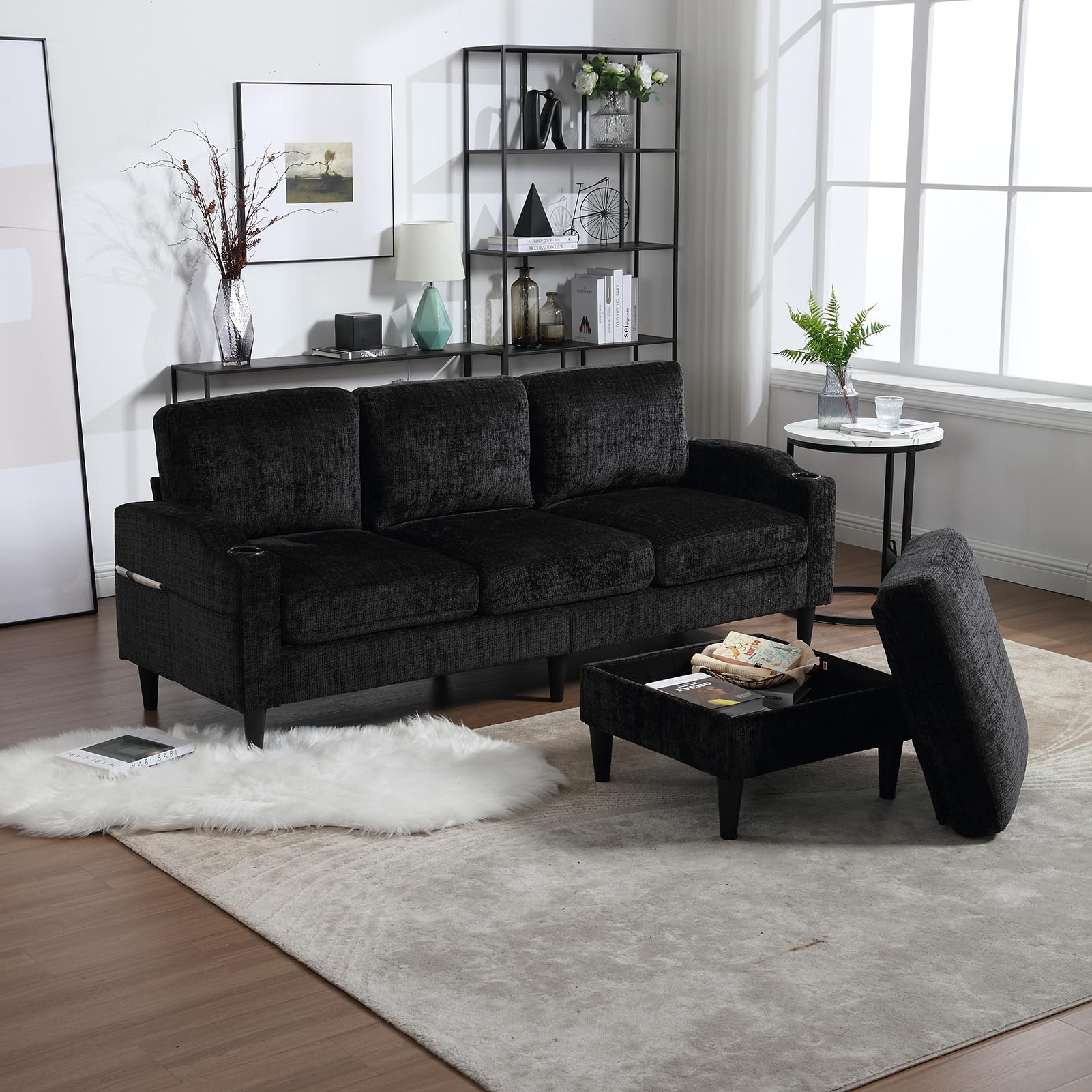 Sectional Sofa Couch with Ottoman, Chenille 3-Seat Sofa with Cup Holders, Upholstered L Shaped Couches with Storage Ottoman and Pocket, Comfy Furniture for Living Room, Small Apartment, Office, Black