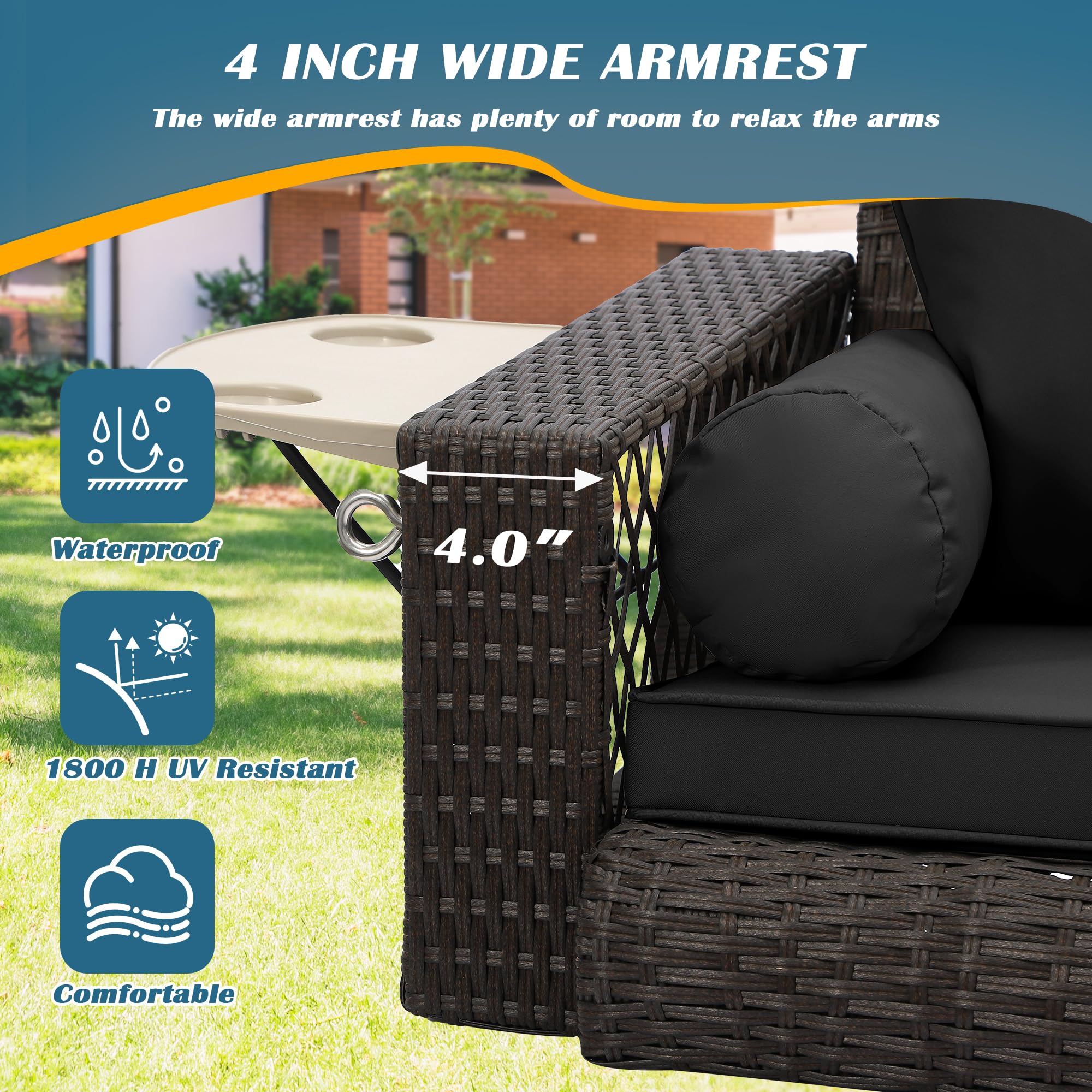 GIODIR Wicker Porch Swing, 3-Seats Rattan Hanging Swing Chair, Patio Grey Rattan Swing, Outdoor Rattan Swing Bench with Cushion,Wide Armrest for Patio Backyard Poolside Garden, Black