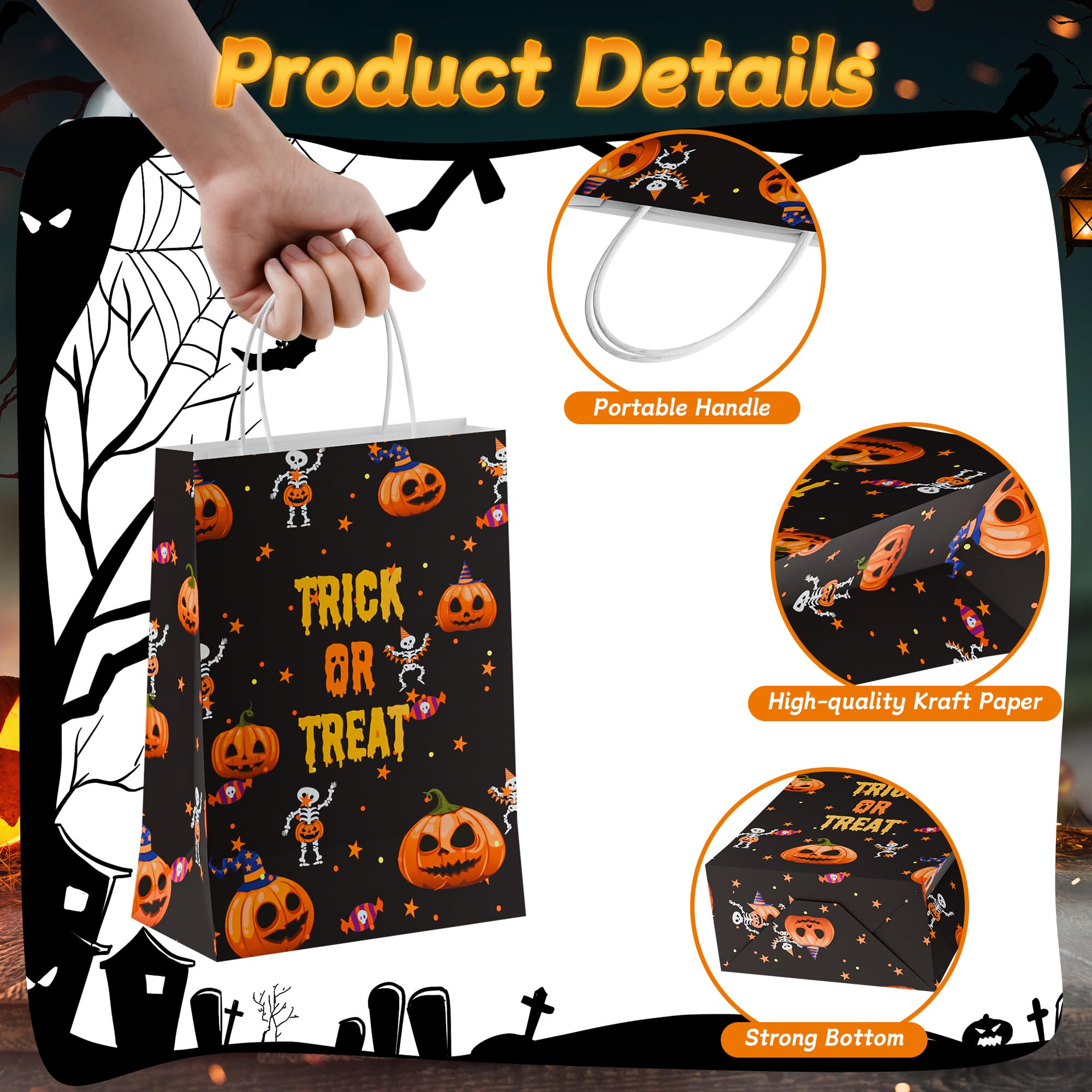 Hordely 24PCS Halloween Kraft Trick or Treating Bags with Handles, Paper Halloween Candy Gift Bags for Kids, Reusable Bulk Halloween Party Small Goody Bags, 5.90 x 3.15 x 8.27 In