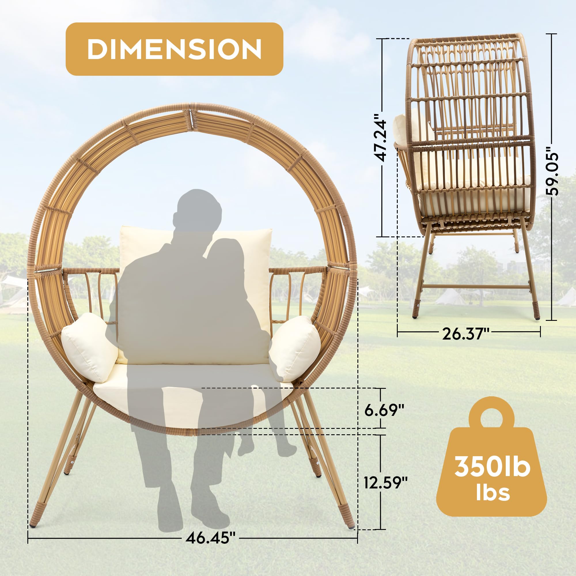 Yechen Egg Chair Outdoor, Oversized Wicker Patio Chairs with 350LBS Capacity, Rattan Porch Chair, 6.69'' Cushions for Living Room, Bedroom, Garden, Round Nest Chairs with Steel Stands Easy Assembly