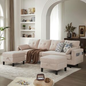 Tornama 101" Sectional Sofa Couch, Modern Polyester Convertible U Shaped Couch with Double Chaise and Storage Pocket, 4-Seat Sofa Set for Living Room, Beige