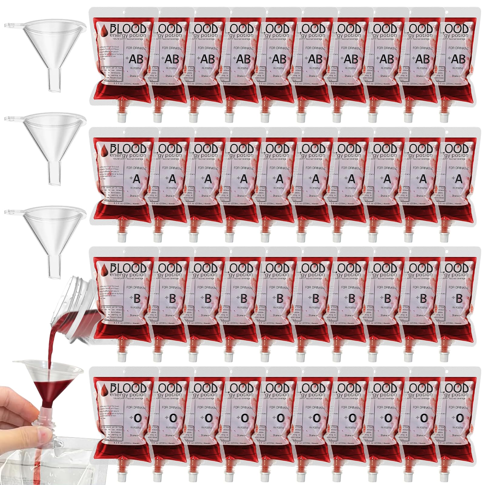 40pcs Blood Bags for Drinks, Vampire Accessories for Halloween Decorations Party Supplies, Reusable Iv Zombie Bloody Drinking Container, PVC Material, ABCD Printed, 8.45oz, 3pcs Funnel, 40pcs