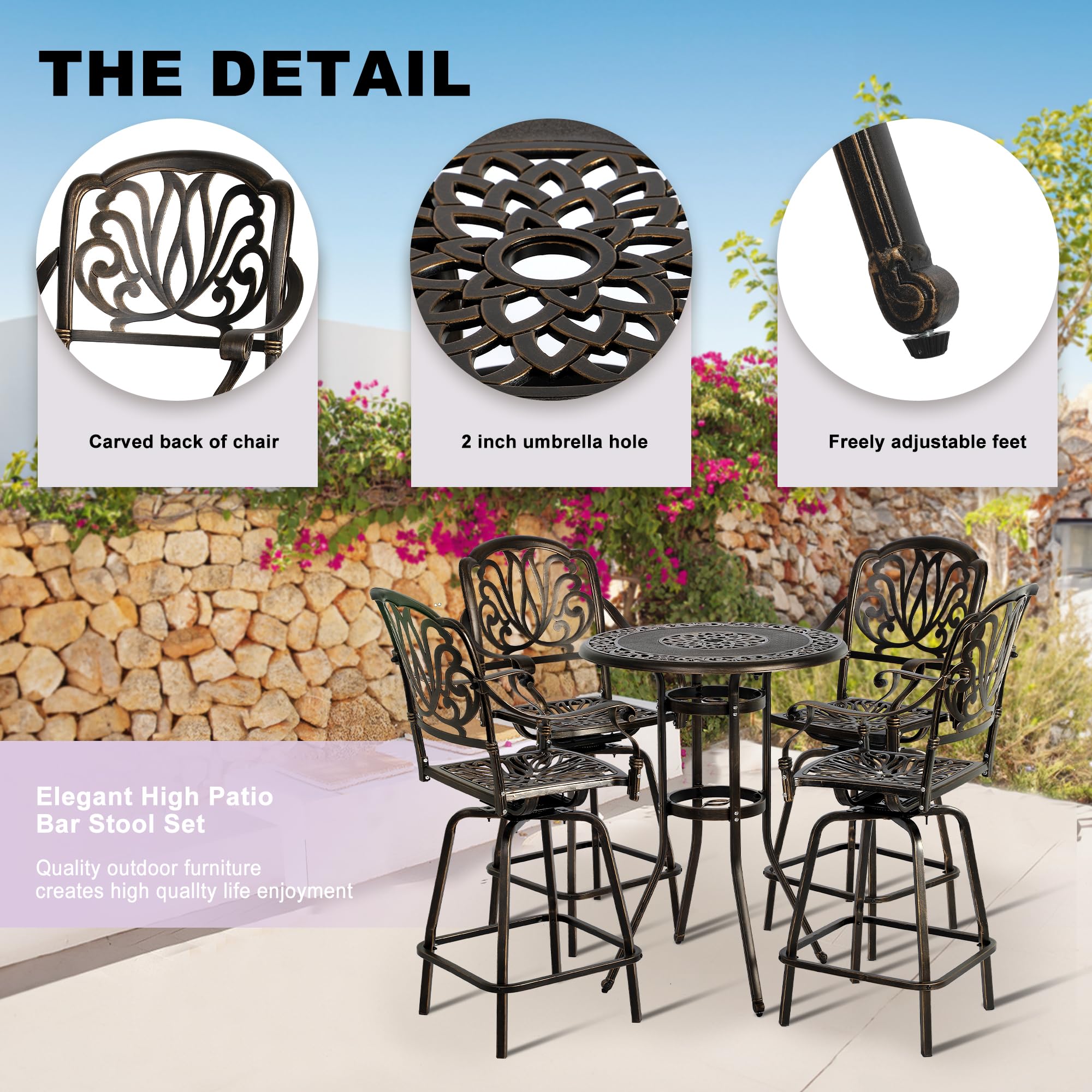 TITIMO Outdoor Patio Swivel Bar Stools - Set of 2 All-Weather Cast Aluminum Height Bistro Chairs Outdoor Furniture Bar Dining Chair for Garden Deck Backyard (Swivel Rocker Chairs Without Cushions)