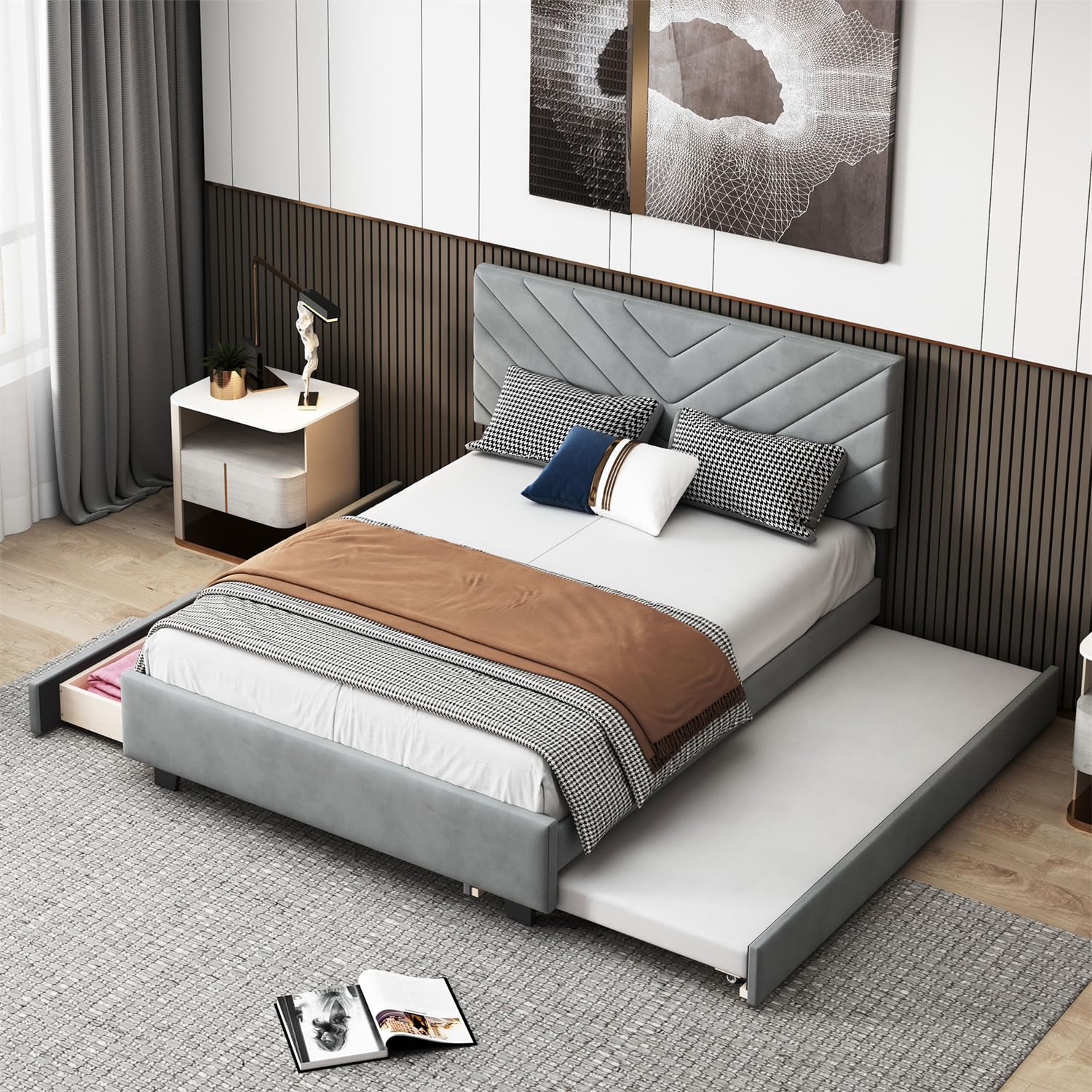 Linique Queen Size Upholstered Platform Bed with Headboard, Trundle and 2 Storage Drawers, Wooden Bed Frame, Grey