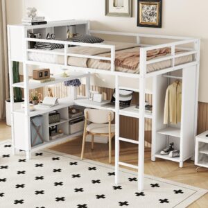 SOFTSEA Full Size Loft Bed with L Shaped Desk and Wardrobe, Heavy Duty Metal Loft Bed Frame with Storage Cubes and Shelves, Full Loft Bed for Kids Adults Bedroom, No Box Spring Needed, White