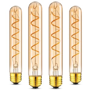 e26 tubular led light bulbs 40watt,7.3inch t10 tube long light bulb dimmable,4w thin vintage edison led filament decorative antique light bulb,2700k warm white type t bulb,400lm,110v,amber(4-pack)