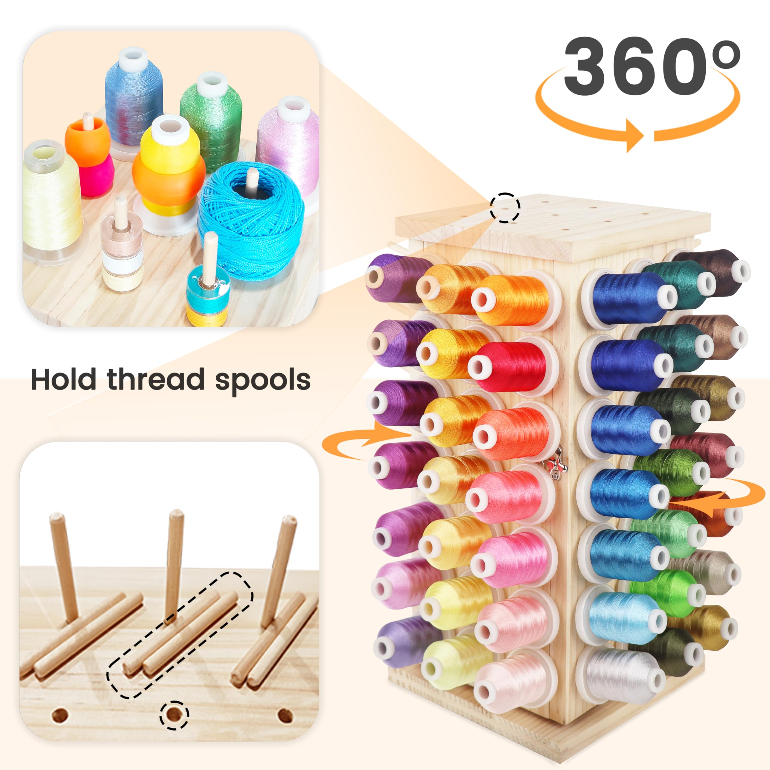 New brothread 93 Spools (DIY) 360° Fully Rotating Wooden Thread Rack/Thread Holder Organizer with Inner Storage Compartments for Sewing, Quilting, Embroidery, Hair-braiding and Jewelry