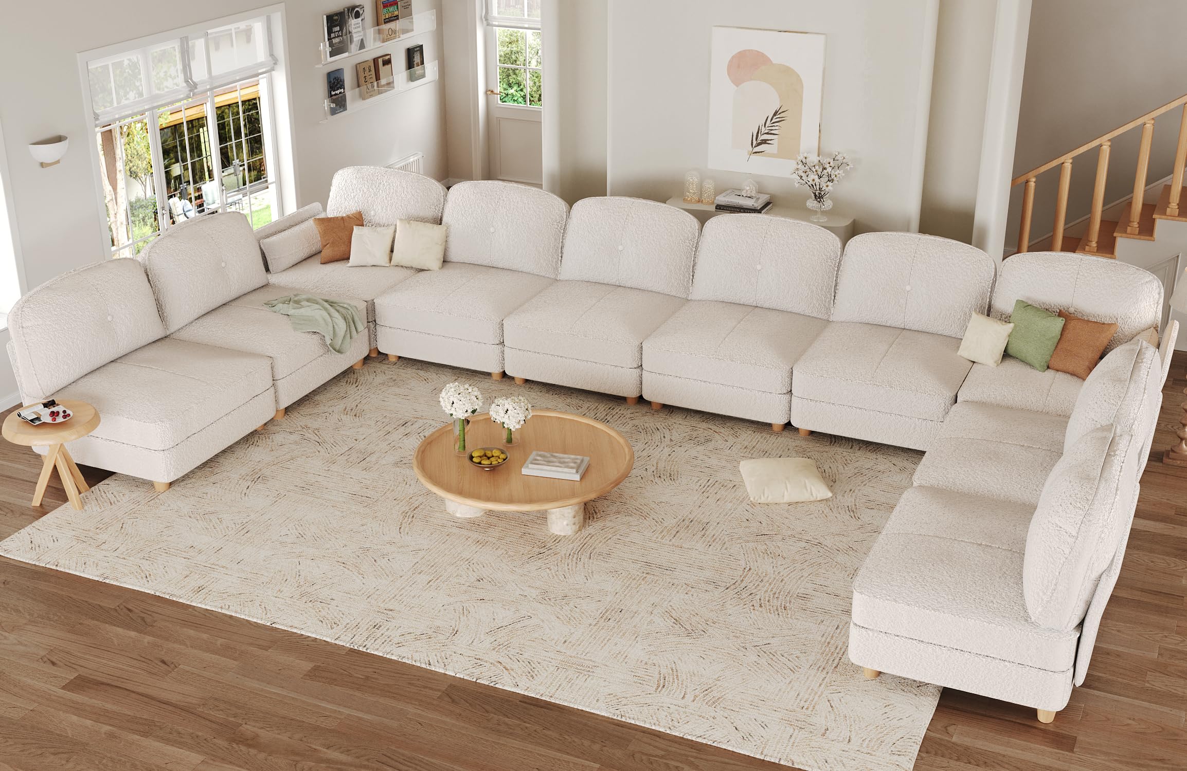 LLappuil Oversized Sectional Couch with Storage, Extra Large U Shaped Sofa Set with Reversible Chaise,113.5 Inch Width, 10 Seat Modular Sofa Sectional for Living Room, Off White, Teddy Velvet