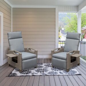 Domi Outdoor Reclining Chairs with Extended Footrest, Adjustable Patio Wicker Lounge Recliner up to 150° with Flip Side Table, Thickness Cushions for Indoor & Outdoor,Grey