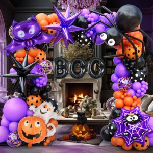 157Pcs Halloween Balloon Garland Arch Kit, Eye Balloons with Spider, Bat Ghost Pumpkin Spider Web Boo Black Purple Star Foil Balloons, Purple Orange and Black Balloons for Halloween Party Decorations