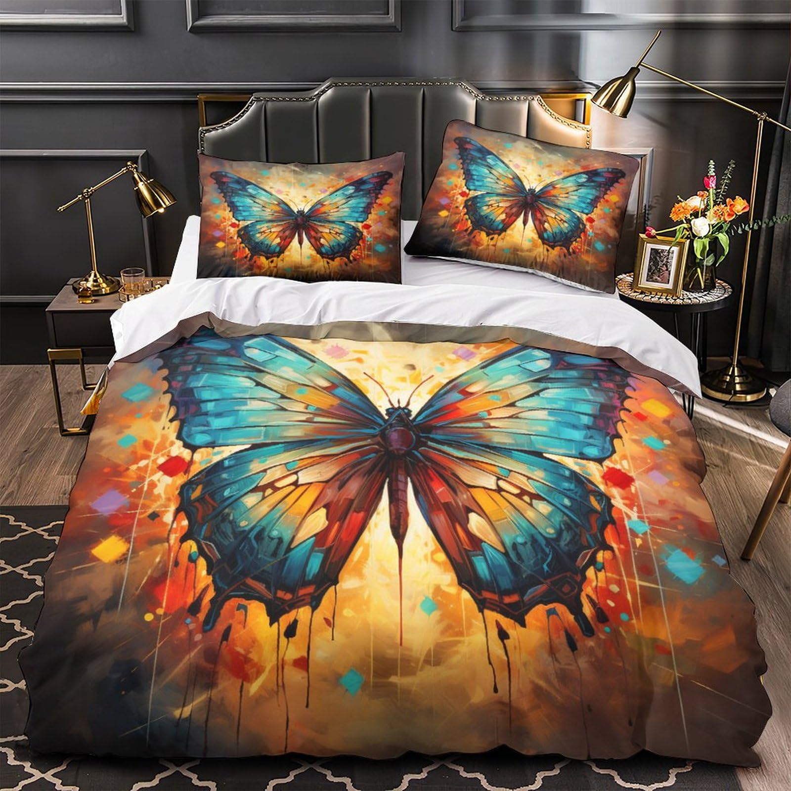 NACHO YAFA Butterfly Bedding Set 3D Printed Quilt Cover Duvet Cover Comforter Covers Microfiber with Pillowcases for Childrens and Adults 3 Pieces with Zipper Closure Queen（228x228cm）