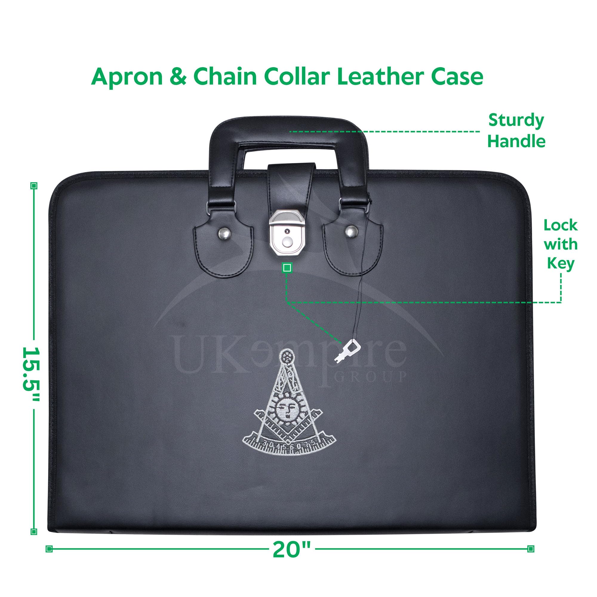 UK EMPIRE GROUP Masonic Apron and Chain Collar Case Leather Past Master (Embroidered) MM, Provincial Size – Freemason Carrying Bags (Silver Emblem)