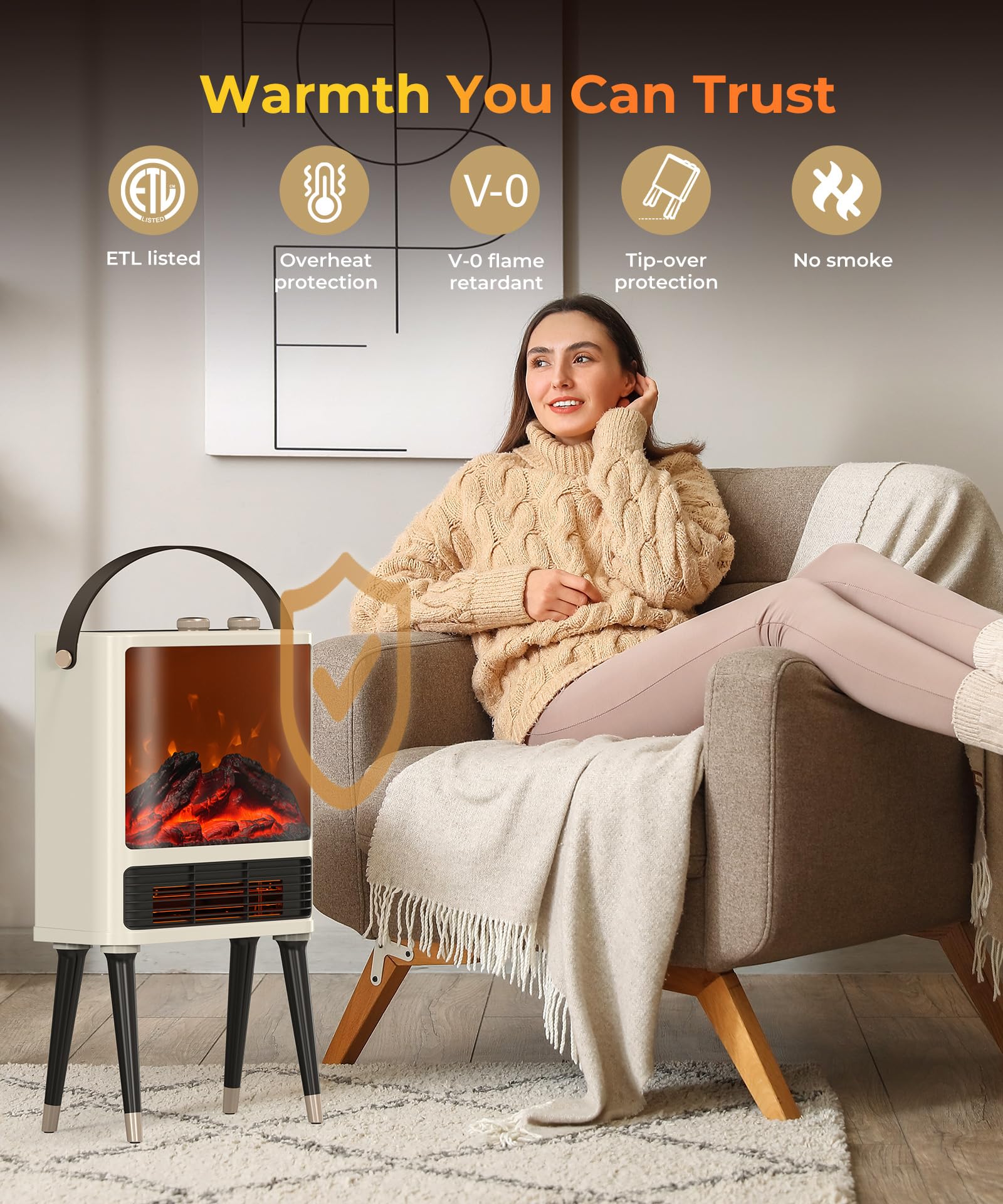 Fireplace Heater, Fireplace Space Heater for Indoor Use, Space Heater with Realistic 3D LED Flame, 2 Modes, Overheating & Tip-Over Protection, 1500W Fireplace Electric Heater for Bedroom White