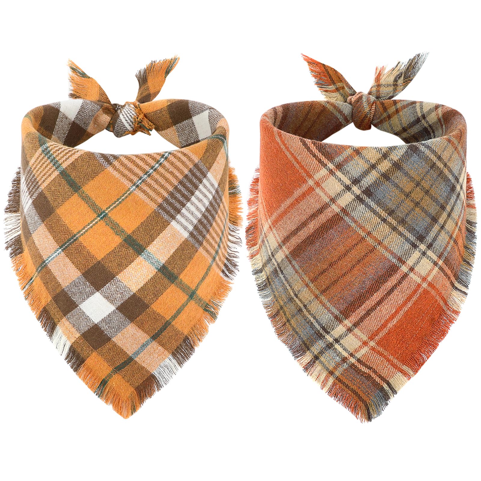 Vivifying Thanksgiving Dog Bandana, 2 Pack Halloween Fall Classic Plaid Dog Scarf with Tassels Edges, Funny Dog Apparel & Accessories Costume for Photo Prop, and Party Decor (Large, Yellow&Orange)