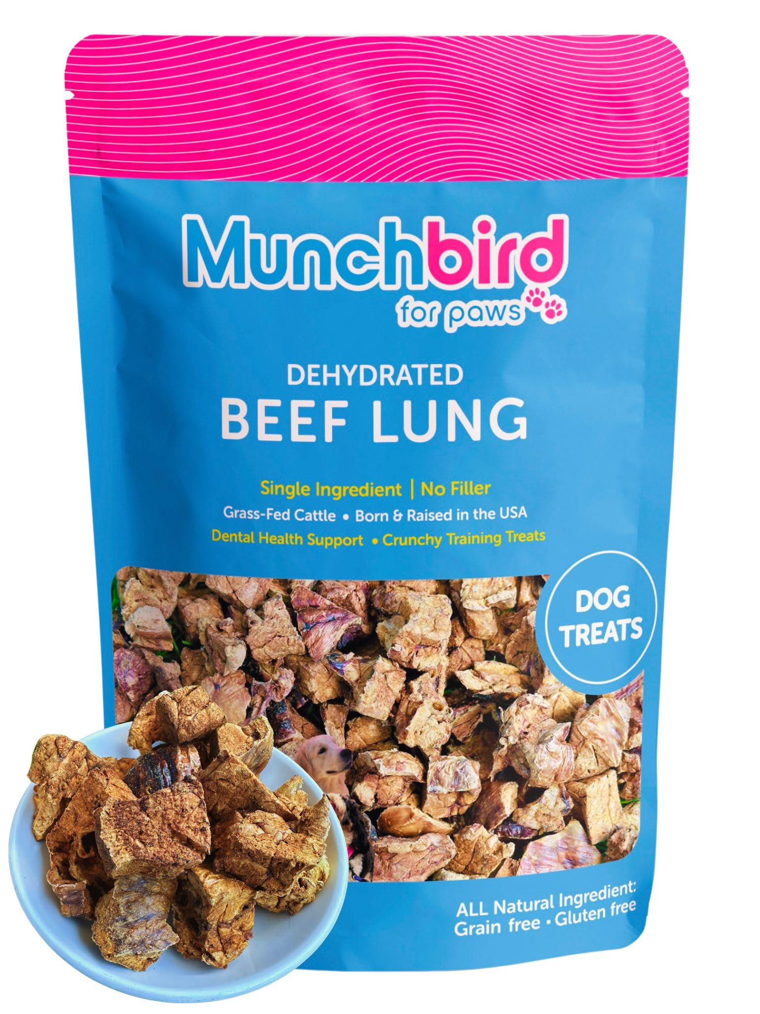 Munchbird Dehydrated Beef Lung Dog Treats (Premium Angus Beef), Dog Training Treats, Excellent Alternative to Freeze Dried Beef Liver Dog Treats for Maximum Crunch and Flavor, Made and Sourced in USA