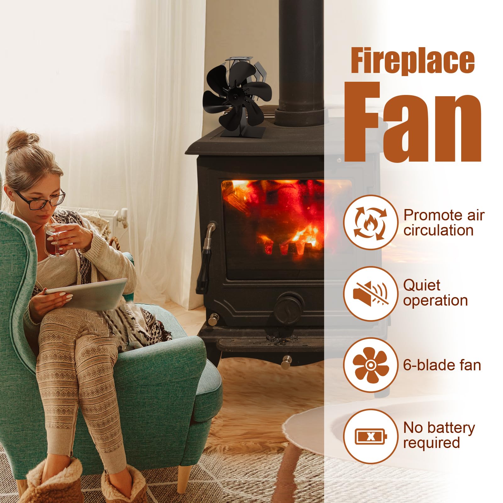 whicow Wood Stove Fan for Buddy Heater, Wood Stove Fan Heat Powered, Thermal Fireplace Fan, Eco Fan for Woodstove with Bracket Fixed on Propane Space Heater/Mr. heater, Camping Outdoor/Indoor Use