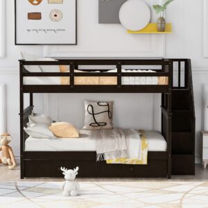 harper & bright designs full over full bunk bed with stairs and trundle, wooden bunk bed frame with storage, for kids teens adults - espresso