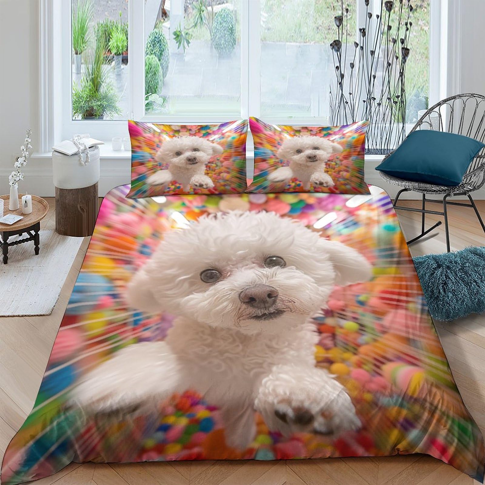 THUBDYEA Bichon Frise 3D PrintedTerri Fei Dog Bedding Set Comforter Covers Quilt Cover Duvet Cover with Pillowcases for Childrens and Adults Microfiber 3 Pieces with Zipper Closure Full（203x228cm）