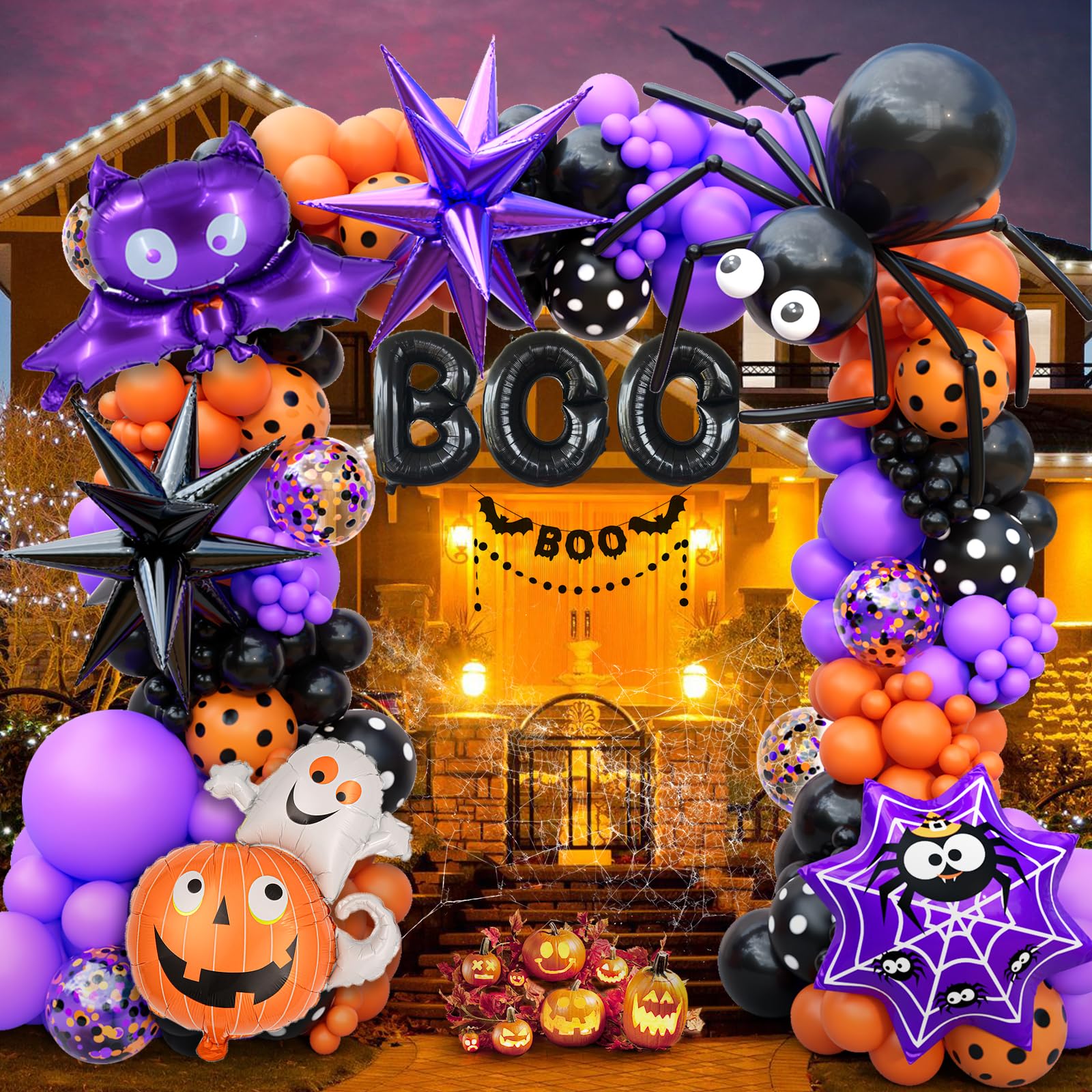 157Pcs Halloween Balloon Garland Arch Kit, Eye Balloons with Spider, Bat Ghost Pumpkin Spider Web Boo Black Purple Star Foil Balloons, Purple Orange and Black Balloons for Halloween Party Decorations