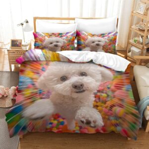 THUBDYEA Bichon Frise 3D PrintedTerri Fei Dog Bedding Set Comforter Covers Quilt Cover Duvet Cover with Pillowcases for Childrens and Adults Microfiber 3 Pieces with Zipper Closure Full（203x228cm）