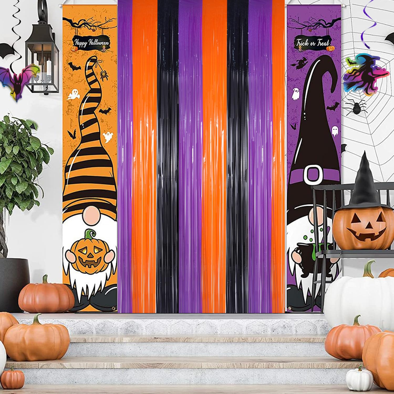 YUKL Orange Purple Black Halloween Party Decorations 2Pack Foil Fringe Backdrop Curtains Halloween Decorations Birthday Backdrop Streamers Party Decorations for Halloween Birthday Party Decorations