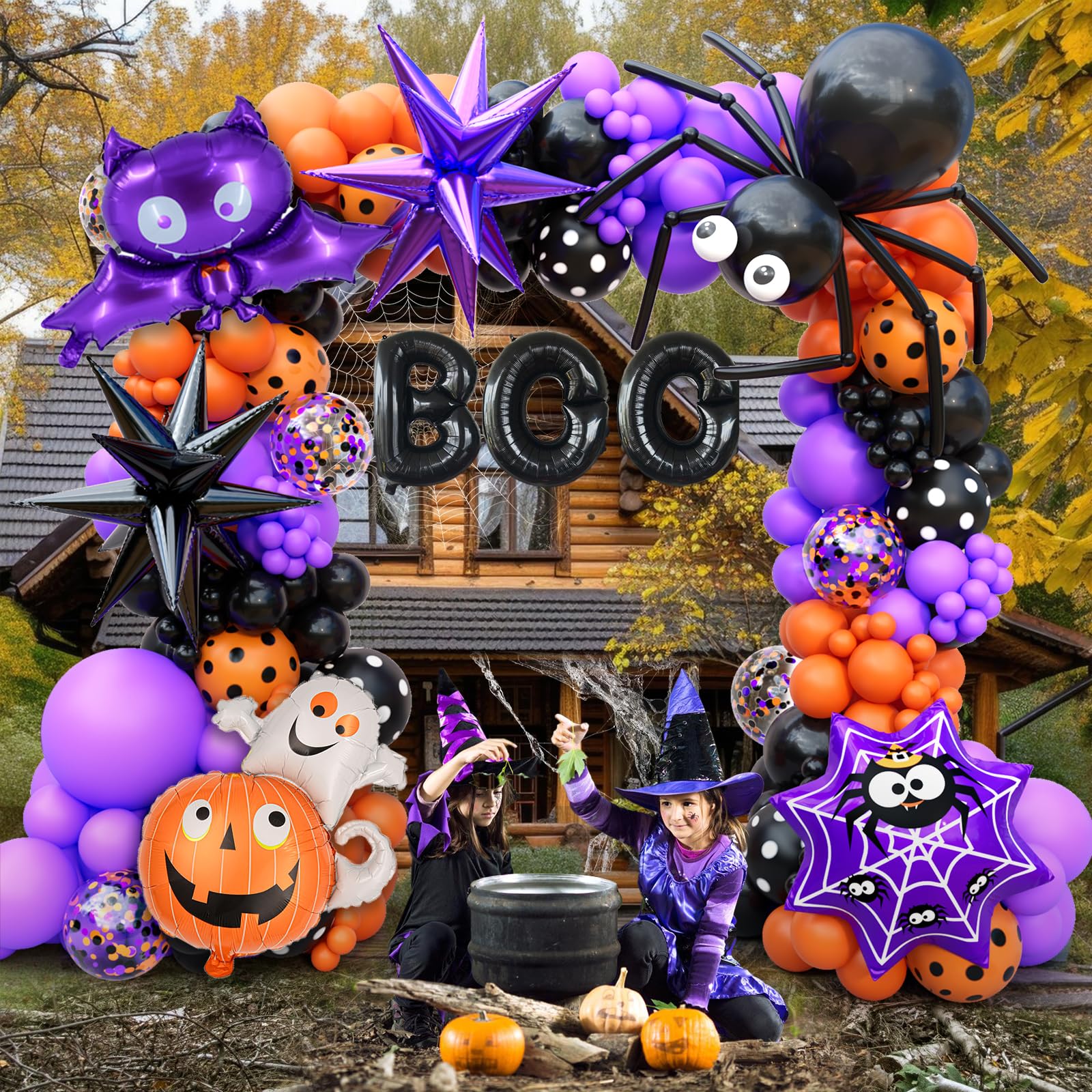 157Pcs Halloween Balloon Garland Arch Kit, Eye Balloons with Spider, Bat Ghost Pumpkin Spider Web Boo Black Purple Star Foil Balloons, Purple Orange and Black Balloons for Halloween Party Decorations