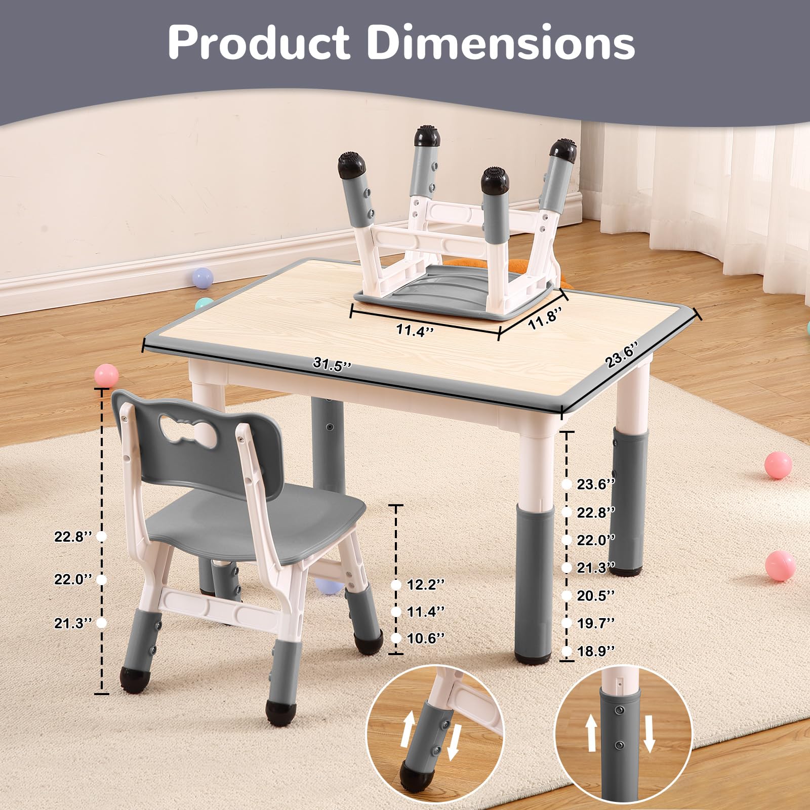 GAOMON Kids Table and 4 Chair Set,Height Adjustable Toddler Arts & Crafts Table and Chair Set for Ages 2-10,Max 300lbs Kids Activity Art Table for Classroom Daycares,Home