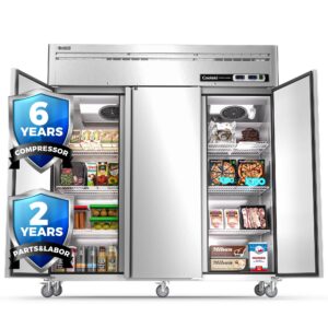 coolski dual temp commercial refrigerator 3 door upright 72" w, 54 cu.ft reach in fan cooling commercial refrigerator and freezer combo for restaurant, kitchen, garage, food truck, school, church