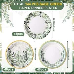 Yungyan 144 Pcs Sage Green Paper Plates with Gold Rim Sage Green Tableware Party Supplies Eucalyptus Dessert Plates Greenery Floral Plates for Baby Shower Bridal Wedding Birthday Party (9 Inch)