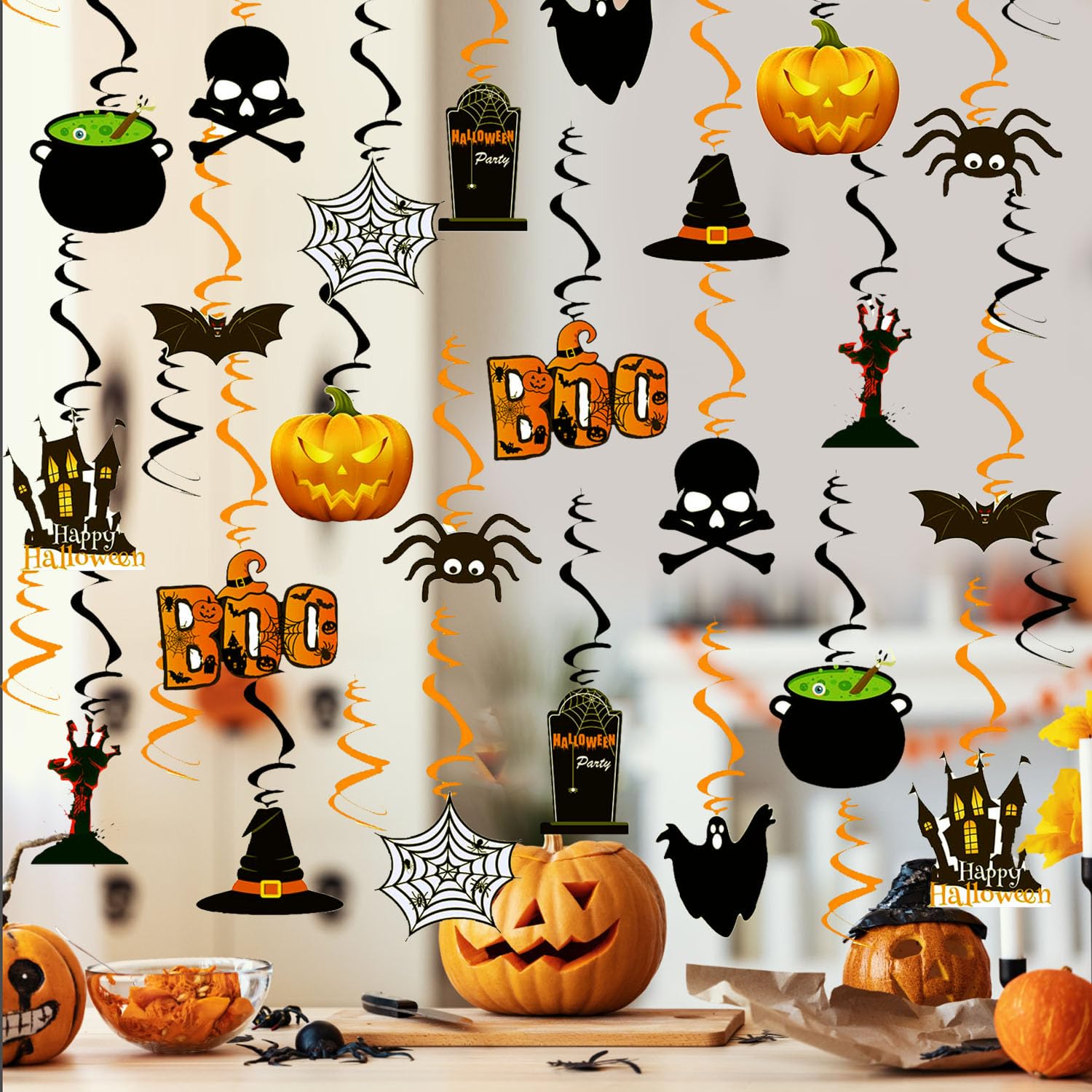 Halloween Hanging Swirl Ceiling Decorations - 24 Pcs Hanging Streamers Halloween Ceiling Decor with Ghost Pumpkin Spider Skull for Home Halloween Party Supplies