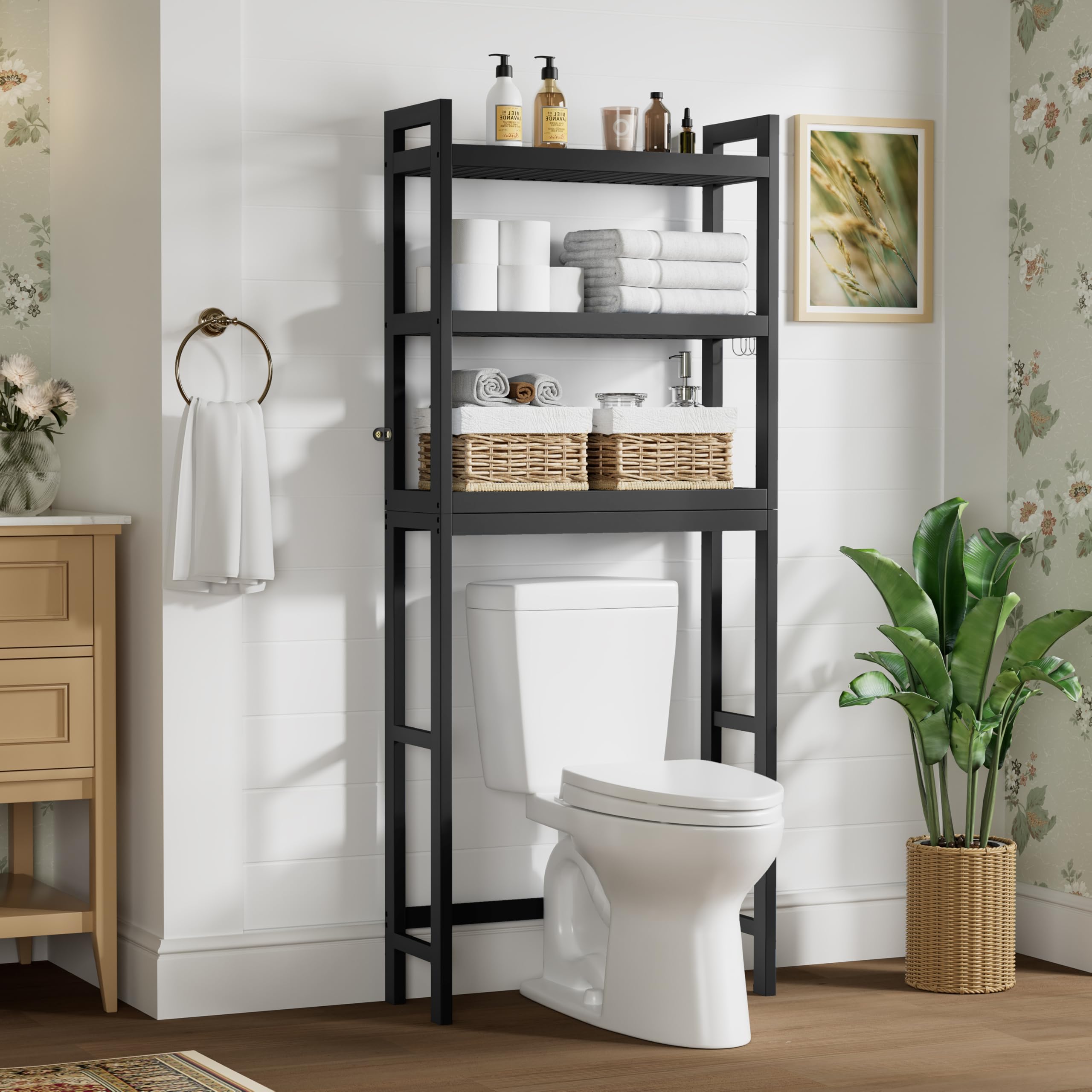 Smiry Over The Toilet Storage, Bamboo 3-Tier Over Toilet Bathroom Organizer with Adjustable Shelf, Fit Most Toilets, Space Saving, Stable Freestanding Storage Cabinet with 4 Hooks, Black