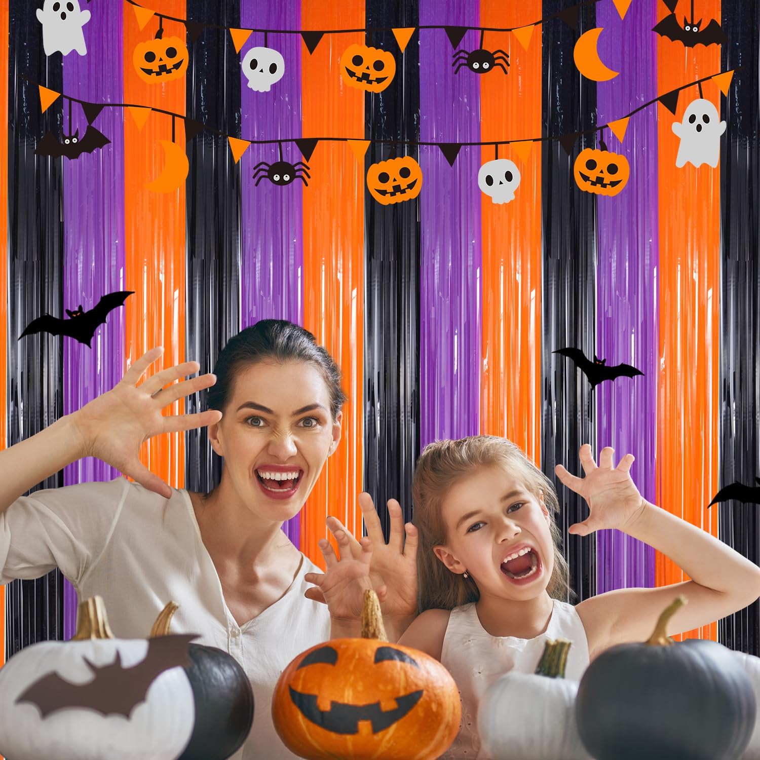 YUKL Orange Purple Black Halloween Party Decorations 2Pack Foil Fringe Backdrop Curtains Halloween Decorations Birthday Backdrop Streamers Party Decorations for Halloween Birthday Party Decorations