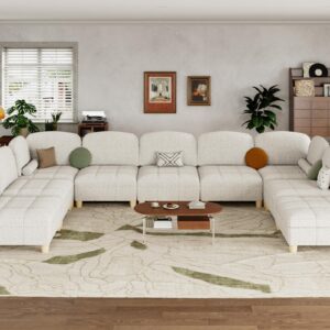 LLappuil Modular Sectional Sofa U Shaped Sectional Modular Sofa with Storage Convertible Modular Sectional Couch for Living Room, Removable Teddy Velvet 9 Seater Couch with Coffee Table, Beige