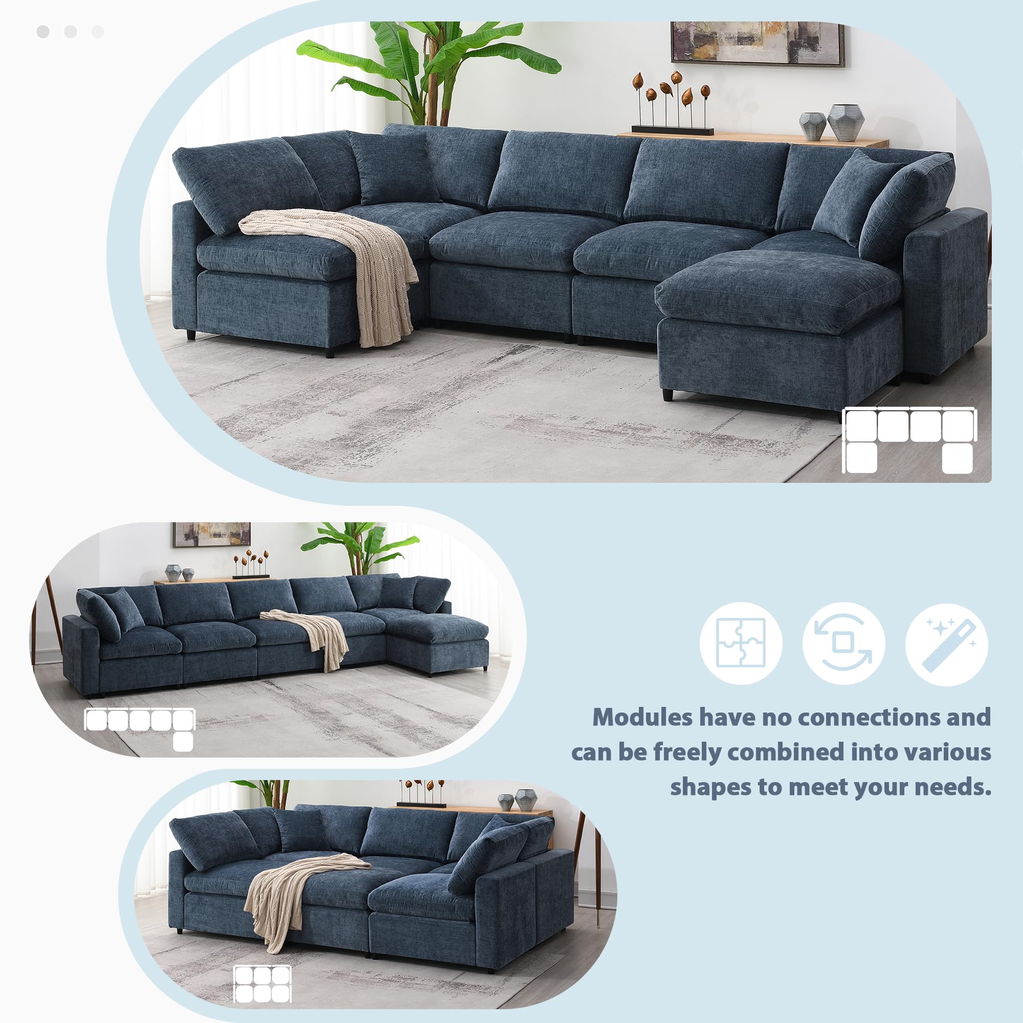 Modern Modular Sofa, 6 Seat Chenille Fabric Sectional Couch with Ottoman, U Shaped Convertible Sleeper Sofa for Living Room, Apartment