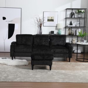 Sectional Sofa Couch with Ottoman, Chenille 3-Seat Sofa with Cup Holders, Upholstered L Shaped Couches with Storage Ottoman and Pocket, Comfy Furniture for Living Room, Small Apartment, Office, Black