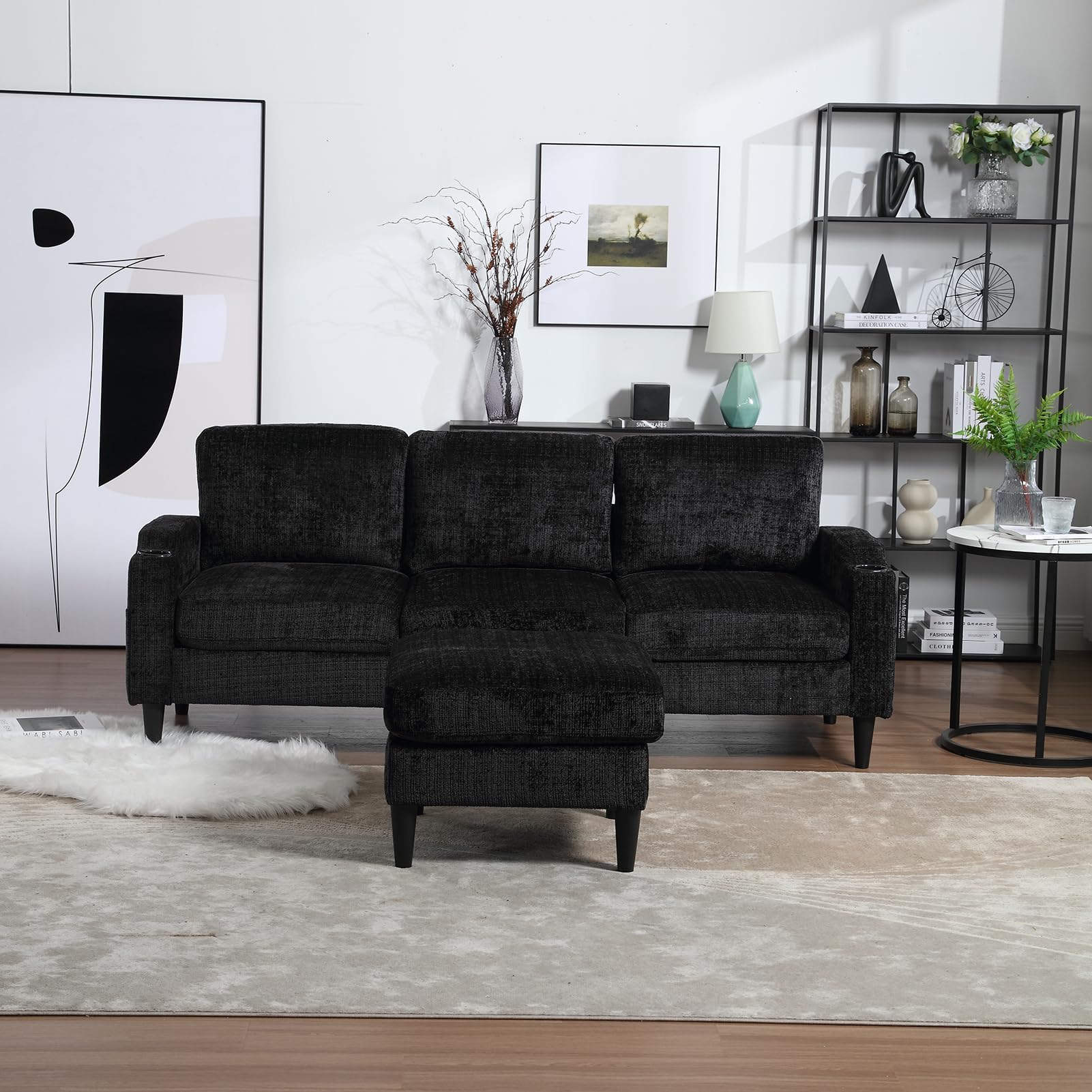 Sectional Sofa Couch with Ottoman, Chenille 3-Seat Sofa with Cup Holders, Upholstered L Shaped Couches with Storage Ottoman and Pocket, Comfy Furniture for Living Room, Small Apartment, Office, Black