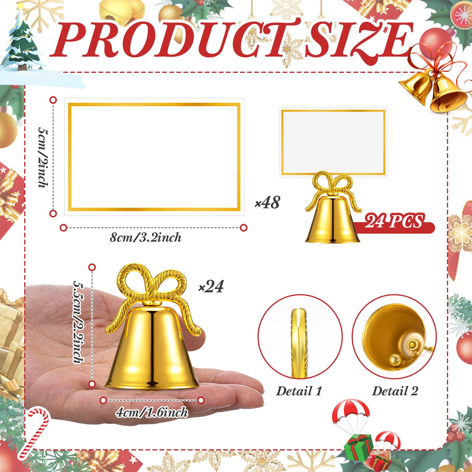 Watersay 12 Pcs Christmas Card Holders Jingle Bell Gold Table Number Holders Metal Picture Holders for Tables Card Holder Wedding Table Number Holder for Photos Signs Memo Notes Restaurants Birthday