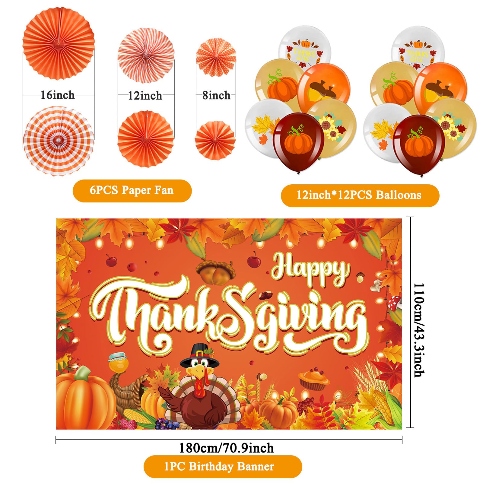 Trgowaul Happy Thanksgiving Day Decorations, 29pcs Orange thanksgiving Party Supplies, Give Thanks Banner Backdrop, Hanging Swirls&Paper Fan Flower Swirl Autumn Balloons, Fall Party Decorations Set