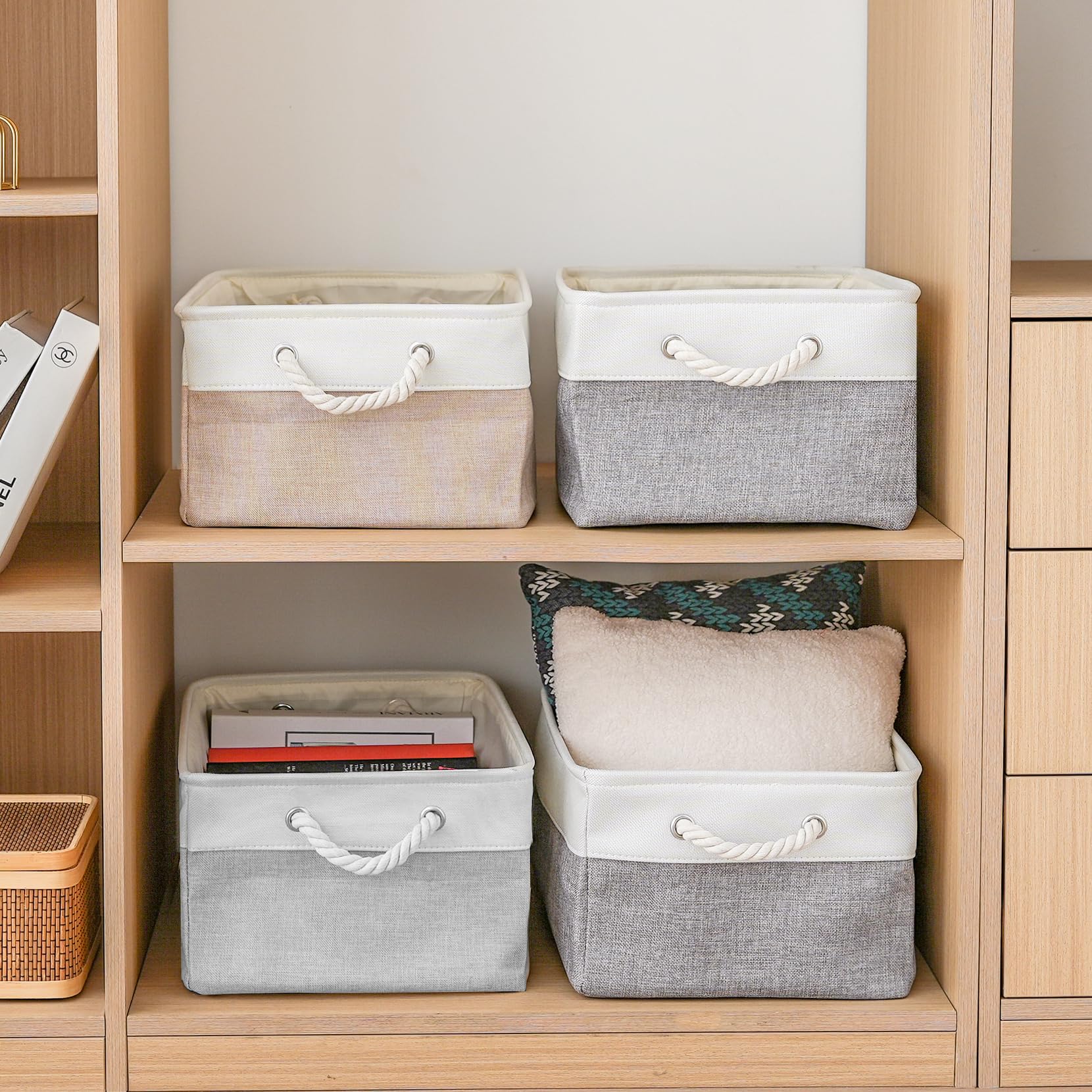 OMNUOKE Fabric Storage Baskets, Linen Closet Baskets,Closet Organizer Bins with Cotton Rope Handles,Storage Bins for Shelves,Nursery,Toys,Clothes (Gray/Off White, Large-1pc/14.1L×10.2W×7.1H )