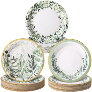 yungyan 144 pcs sage green paper plates with gold rim sage green tableware party supplies eucalyptus dessert plates greenery floral plates for baby shower bridal wedding birthday party (9 inch)