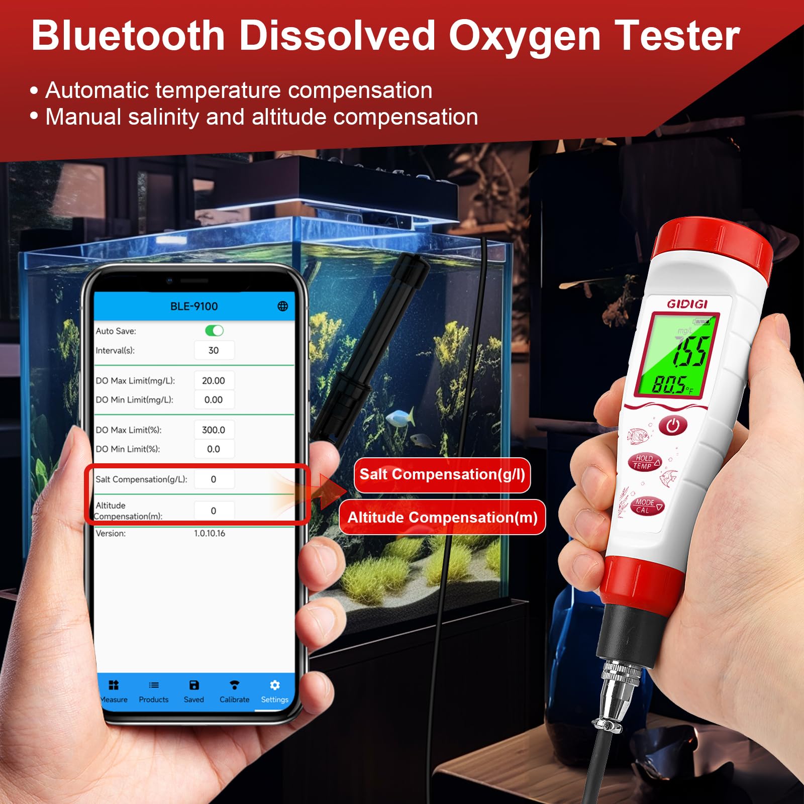 Digital Dissolved Oxygen Meter, GIDIGI Dissolved Oxygen Tester with ATC, DO Meter with 9.84ft DO Probe Cable, Dissolved Oxygen Test Kit for Aquarium, Ponds, Fish Tank Range 0.0‑40.0 Mg/L