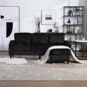 Sectional Sofa Couch with Ottoman, Chenille 3-Seat Sofa with Cup Holders, Upholstered L Shaped Couches with Storage Ottoman and Pocket, Comfy Furniture for Living Room, Small Apartment, Office, Black