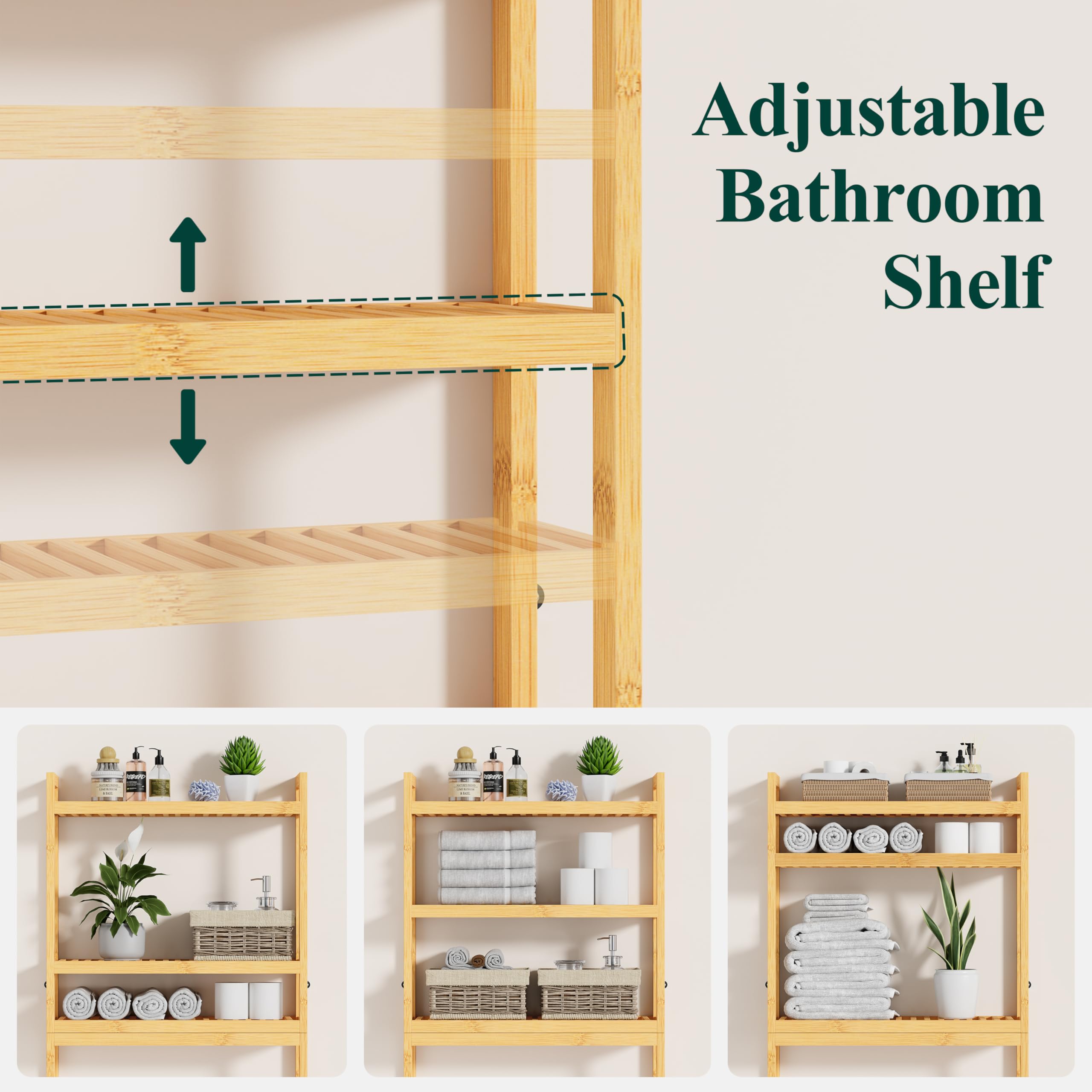 Smiry Over The Toilet Storage, Bamboo 3-Tier Over Toilet Bathroom Organizer with Adjustable Shelf, Fit Most Toilets, Space Saving, Stable Freestanding Storage Cabinet with 4 Hooks, Natural