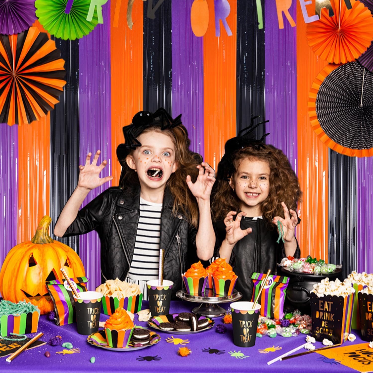 ORG Orange Purple and Black Foil Fringe Backdrop Curtains,2 Pack 3.3ftx8.2ft Halloween Tinsel Streamers Party Decortions, Photo Booth Props Backdrop for Birthday Anniversary Halloween Party Decoration